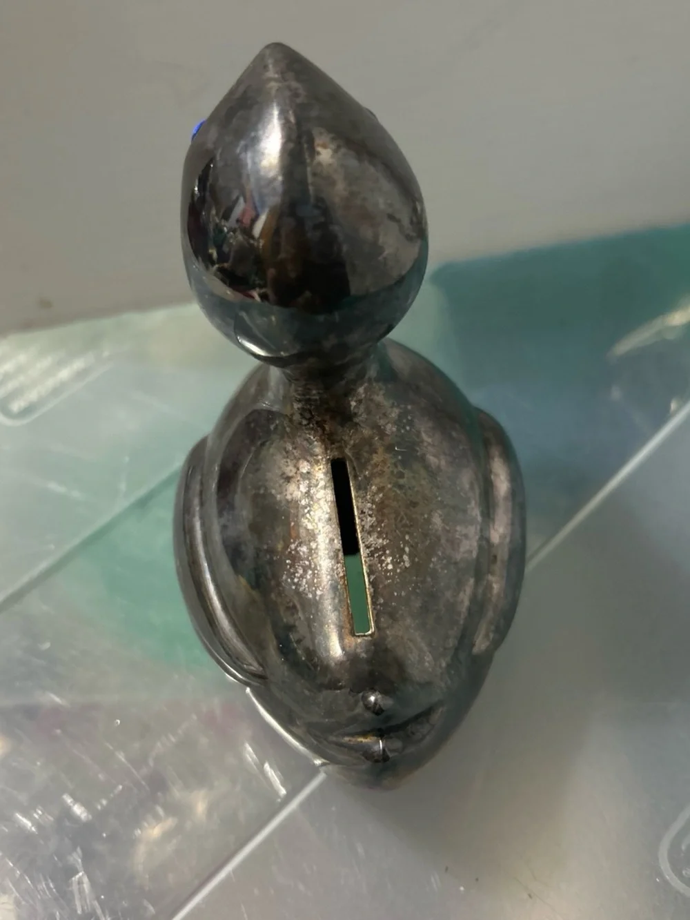 Silver Duck Coin Bank with Blue Accent Eyes